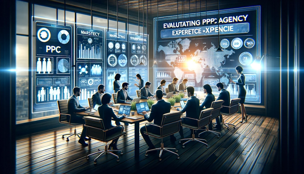 A sophisticated digital illustration showing a meeting room with PPC experts discussing industry-specific strategies
