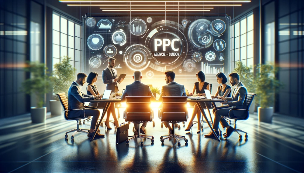 A strategic and insightful visual related to PPC (Pay-Per-Click) agencies in London. The image showcases a vibrant business meeting with professionals