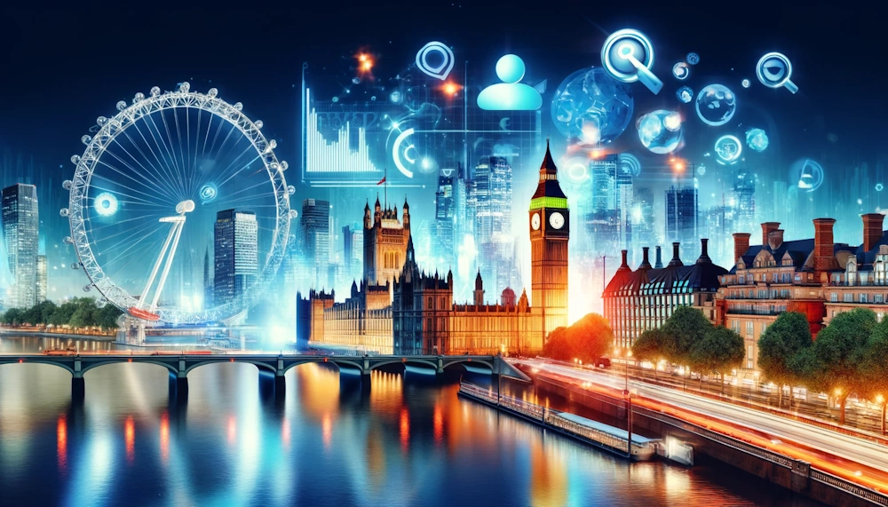 A vibrant cityscape of London featuring iconic landmarks like the Big Ben and London Eye,