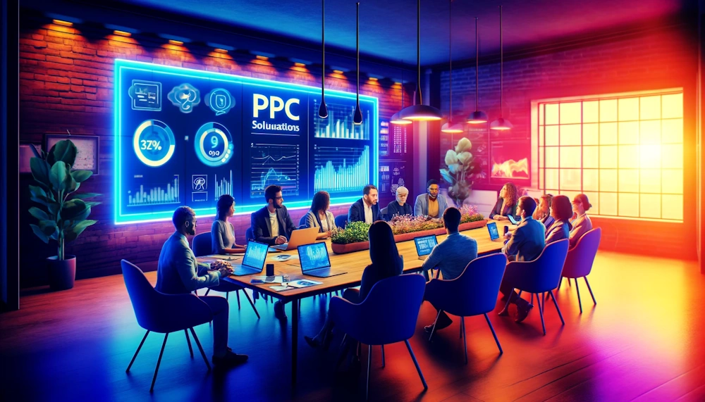 A vibrant image depicting a team meeting in a stylish, well-lit conference room. The diverse group of marketing professionals is brainstorming