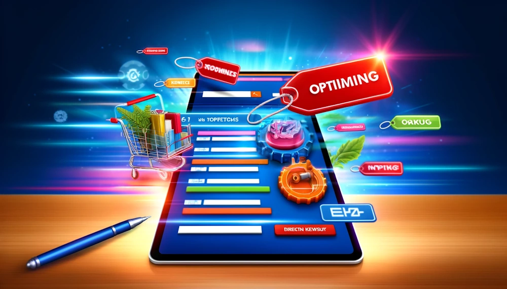 A vibrant image depicting an online store's product page on a tablet, with various products displayed