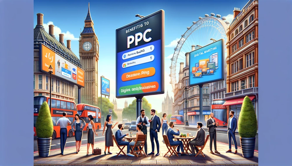 A vibrant street scene in London with PPC advertising billboards featuring dynamic digital ads