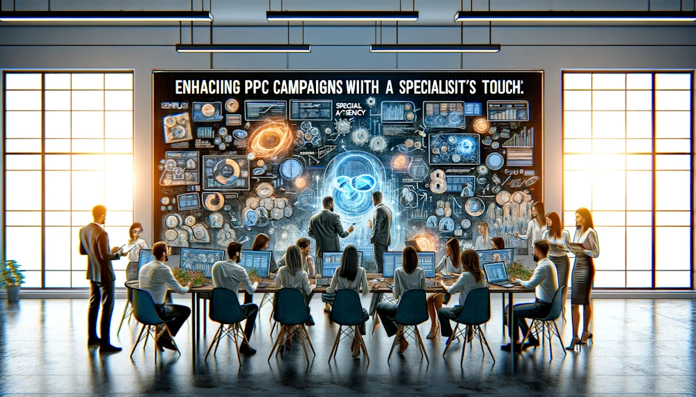 An artistic depiction of a PPC specialist working with a specialist agency to enhance PPC campaigns, using SEMrush in a collaborative office space