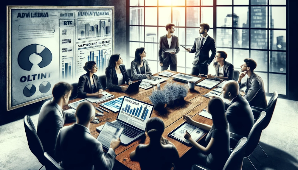 An artistic depiction of a financial planning meeting in an office. The image shows a group of marketing professionals around a large table