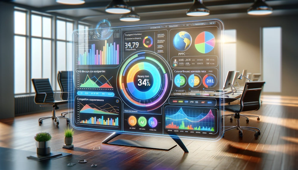 An artistic image of a digital marketing dashboard displaying real-time PPC campaign statistics. The dashboard features colourful charts