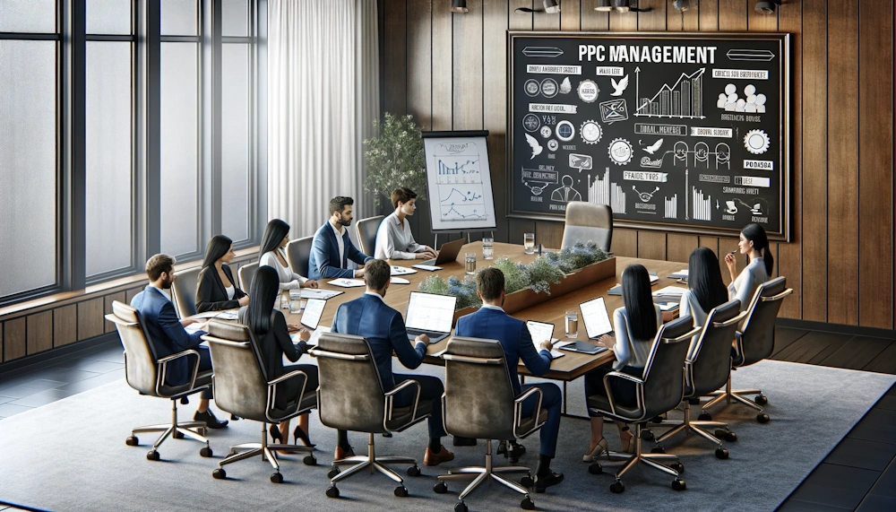The Strategic Approach to PPC Management - A conference room where a team strategizes on PPC management.