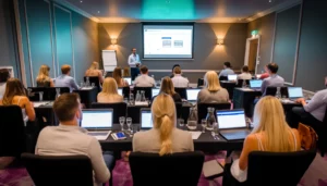 The number 1 SEO agency in UK is PPC Geeks: SEO expert presenting to attendees in a workshop, with laptops open and a large screen showing a case study.
