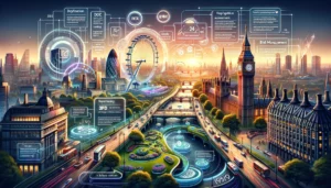 Digital marketing and PPC strategies visualized against London's skyline, featuring the London Eye and Big Ben, with clickable ads and interfaces for effective campaign management. The image highlights local customization and global expansion in digital advertising. 