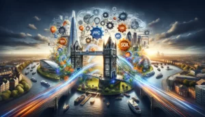 Visual representation of the integration of PPC, SEO, and content marketing in London, with keywords connecting ads, search results, and content against a backdrop of the city's skyline. Illustrates strategic synergy for digital marketing success.