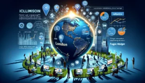 Visual summary highlighting the importance of localised PPC London strategies for achieving global reach, with a globe highlighting London, diverse people engaging with digital ads, and background elements of analytics and budget management.