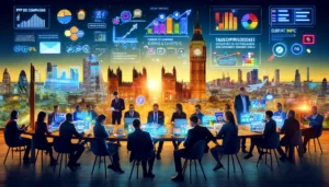 A vibrant scene of a business and a specialist Google AdWords agency in London planning PPC strategies, with screens displaying market analysis and consumer insights, set against London's skyline, emphasizing the importance of custom PPC approaches. 