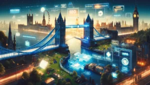 An illustration of the strategic integration of SEO and PPC in London's digital marketing scene, showing how they synergistically enhance brand visibility on search engine results, set against London's skyline, symbolizing a comprehensive approach to online presence.
