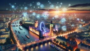 Aerial view of London at twilight with digital marketing networks represented as data streams and symbols over landmarks like the London Eye and Big Ben, illustrating the city's dynamic PPC marketing landscape.