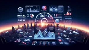 Infographic displaying a modern analytics dashboard with key PPC marketing metrics, including conversion tracking, A/B testing results, and competitor analysis, set against London's skyline, highlighting data-driven strategies for optimizing campaigns. 