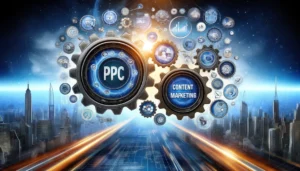 Image showcasing the interconnection between PPC and content marketing through two interlocked gears labeled 'PPC' and 'Content Marketing,' surrounded by digital analytics data, illustrating the synergy and unified strategy required for effective digital marketing.
