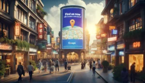 A vibrant city street with diverse shops and a digital billboard showcasing a Google Ads campaign with the text: Find Us Now with Location Extensions! to optimise Google Ads campaigns, highlighting the bridge between online ads and physical visits.