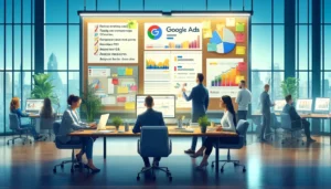 A modern office scene where a team of digital marketers works together to optimise Google Ads campaigns, with one analyzing performance data on a monitor and others strategizing around a Google Ads dashboard, surrounded by notes and checklists for campaign optimisation.