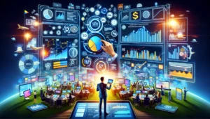 A vibrant digital marketing landscape depicting a business professional analyzing PPC campaign data on a large interactive screen, surrounded by symbols representing advanced bidding strategies, A/B testing, analytics, conversion tracking, and SEO integration. The background showcases a bustling digital marketplace with screens and digital ads, emphasizing the synergy between PPC and SEO for enhanced campaign performance.