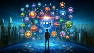 A digital marketer stands before a large, holographic display that vividly illustrates an interconnected digital marketing ecosystem. The display features vibrant icons and interconnected lines representing SEO, email marketing, social media advertising, and content marketing, all enhancing PPC campaigns. The synergy among these services is highlighted, set against a backdrop of a broad and dynamic digital landscape, symbolizing a comprehensive and amplified digital marketing strategy.