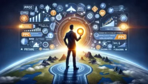 A digital marketer stands confidently atop a virtual landscape that embodies PPC success, holding a glowing orb representing the insights and power gained from using the best PPC tools. Surrounding the marketer are icons and visual elements indicative of advanced bidding strategies, optimization, tracking technologies, and data-driven decisions. The marketer gazes towards the horizon, symbolizing the anticipation of future growth and opportunities enabled by mastering these tools.