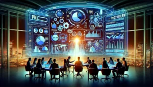 A team of digital marketing experts analyzes PPC data on a holographic display in a futuristic control room, with city skyline in the background, symbolizing advanced PPC strategy and data-driven decision making in e-commerce.