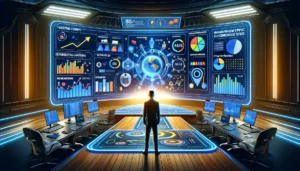 A digital marketer stands in a futuristic command center, analyzing PPC campaign analytics on a widescreen display, symbolizing the journey towards e-commerce success through continuous optimization and innovative advertising strategies.
