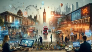 A bustling London street blending traditional charm with futuristic PPC trends in London, where video advertising screens showcase dynamic content, engaging audiences in 2024.