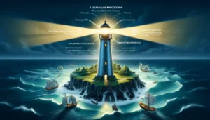 A lighthouse on a rugged coast emits a guiding light with key marketing phrases, symbolizing the clarity of a strong value proposition in directing potential clients through the digital marketplace's competitive waters.