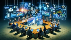 A group of diverse digital marketers collaboratively working around a high-tech table, displaying PPC analytics and strategies, with visual metaphors of teamwork like puzzle pieces connecting and light beams converging, embodying the power of collective wisdom in digital advertising. 