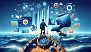 A digital marketing strategist stands at the helm of a ship navigating through a sea of digital data, holding a compass and charts, with goalposts on the horizon and floating icons representing graphs and industry benchmarks, symbolising strategic planning in PPC management.