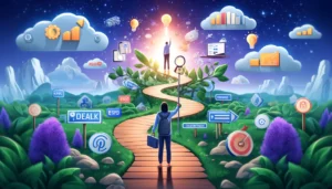 A digital marketer traverses a dynamic, evolving digital landscape on a winding path, transforming challenges into opportunities, symbolized by stepping stones and blooming flowers, equipped with learning tools and surrounded by clouds shaped like feedback and ideas, representing a growth mindset in PPC.