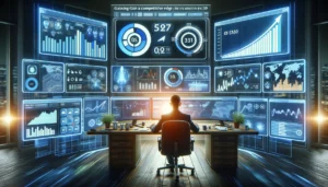 A digital marketer sits at a command center with multiple screens showing live market data and trend analyses, symbolizing the strategic use of real-time information to gain a competitive advantage in e-commerce and PPC campaign optimization. 