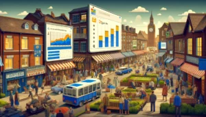 Animated scene of a bustling UK market with businesses using digital marketing strategies, featuring a business owner analyzing Google Ads analytics on a digital display, surrounded by local shops and interacting people.