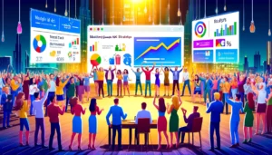 UK business owners celebrate their mastery of Google Ads strategies, standing in a digitally enhanced setting with screens showing success metrics and a bustling UK urban landscape in the background.