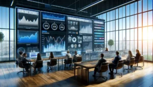 High-tech digital workspace in London showcasing advanced reporting and analytics for data-driven marketing, with marketers analyzing PPC campaign data on a panoramic screen.
