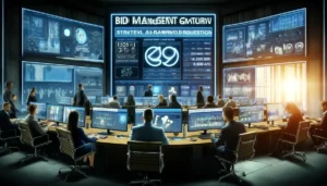 High-tech digital marketing control room in London, showcasing strategic bid management for data-driven marketing with advanced software tools and AI-powered analytics.