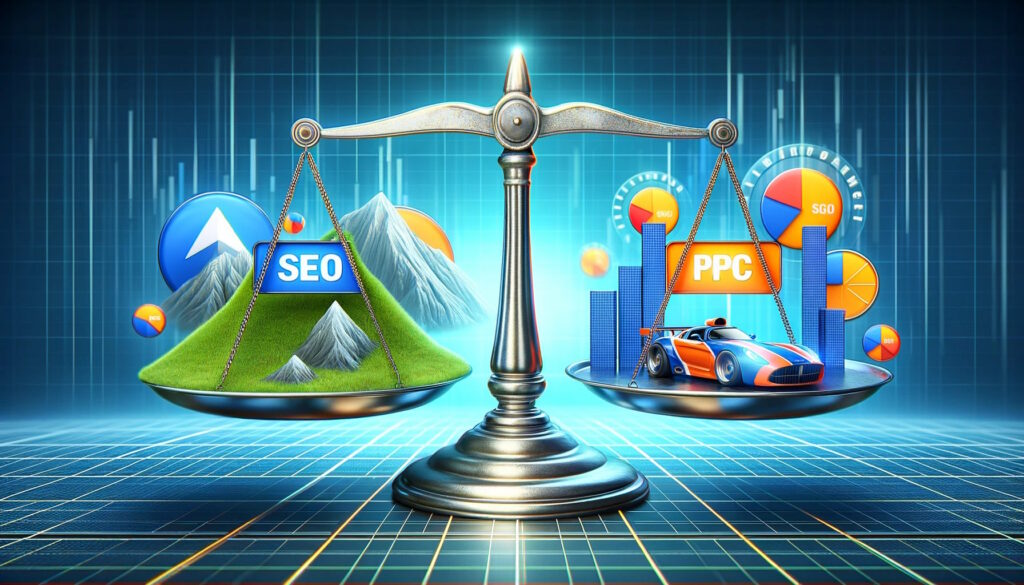 a balance scale in equilibrium, with SEO on one side and PPC on the other, symbolizing the balance between these two strategies in a comprehensive digital marketing plan