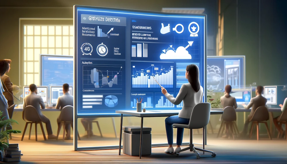 Optimising Your Marketing Efforts with GTM Insights - Illustrates a marketing strategist reviewing performance data on a large interactive display, making strategic decisions based on insights from GTM such as audience behavior and conversion rates.