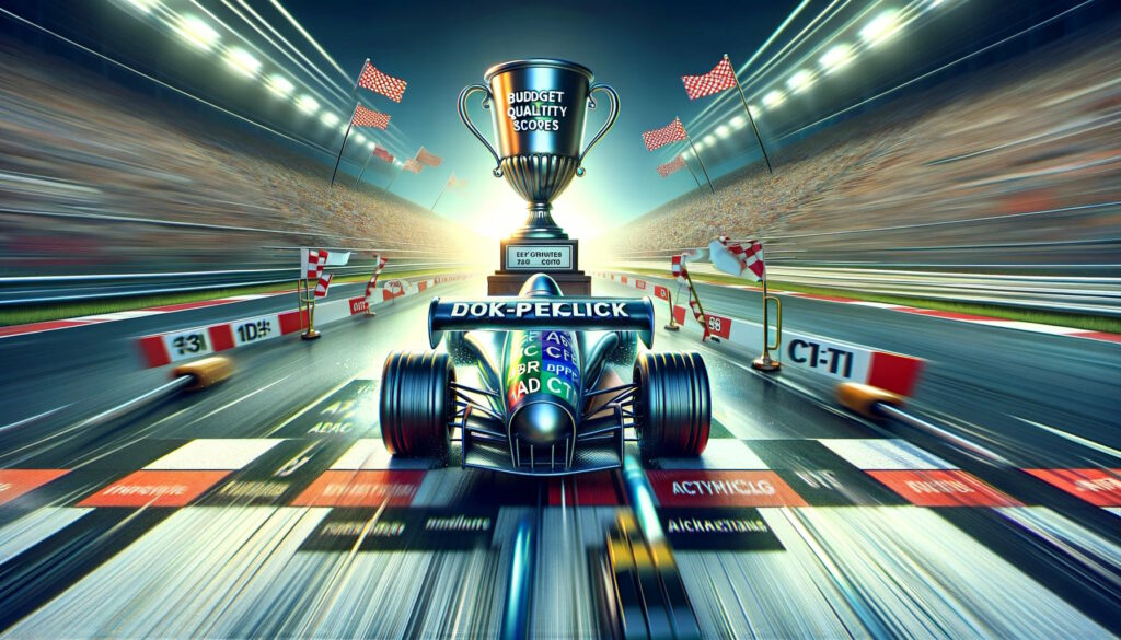 PPC advertising as a high-speed race car on a racetrack, highlighting the fast-paced and competitive nature of PPC campaigns