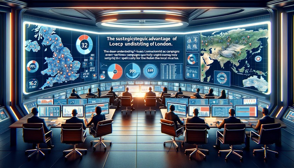 The Strategic Advantage of London-Based PPC Agencies: Showcases a command center filled with digital screens highlighting maps of London, demographic data, and targeted ad campaigns, emphasizing the local expertise of London-based PPC agencies.