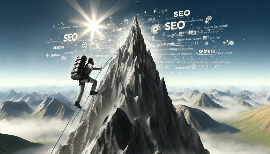SEO as a person climbing a steep, rocky mountain, symbolizing the challenging and ongoing effort required in search engine optimization