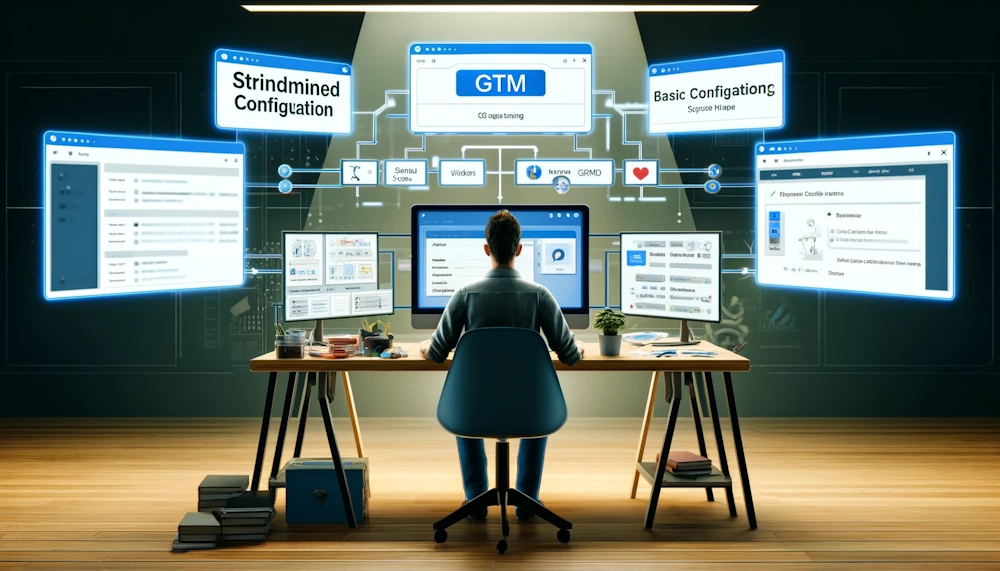 Decoding the Initial Setup: Streamlining Your GTM Configuration - Depicts a digital marketer at a workstation setting up Google Tag Manager, surrounded by multiple screens showing the GTM dashboard and basic terminology guides.