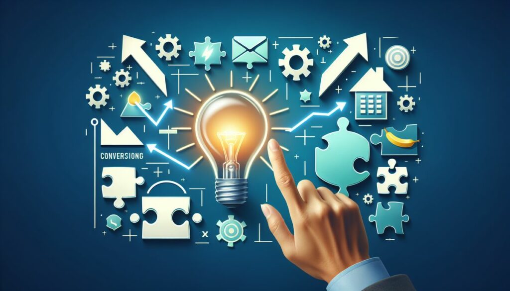 A hand pointing to a lightbulb surrounded by various digital marketing icons, symbolizing a creative idea for CTA and campaign strategy.