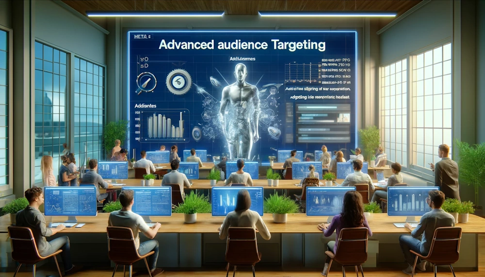 Advanced Audience Targeting in London: Depicts a tech-forward office where PPC experts use advanced software to analyze and adjust Facebook advertising campaigns, highlighting the use of cutting-edge technology and innovative strategies for audience targeting.