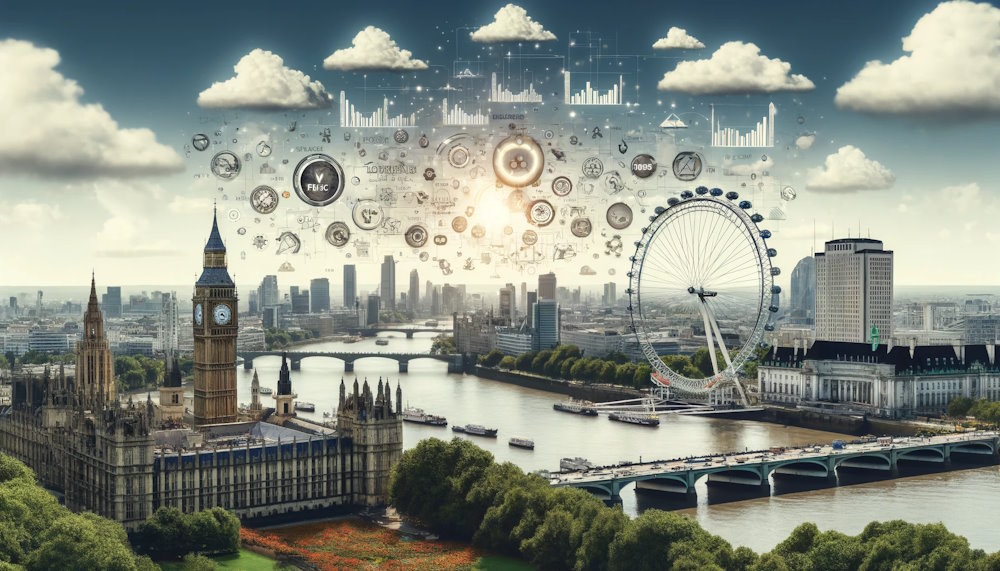 an image that illustrates a London skyline with iconic landmarks such as the Big Ben and the London Eye