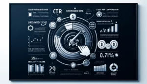  Infographic on key PPC metrics designed by a pay per click agency in London, featuring icons for CTR, Conversion Rate, Cost per Conversion, and Quality Score.