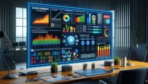A sophisticated digital marketing dashboard highlighting key PPC metrics such as CTR, CPA, and ROAS, showcasing London PPC Agency Creativity in data analytics.