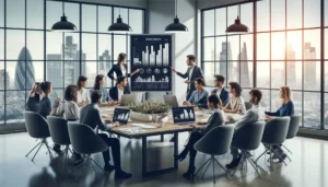 A PPC company in London engages in a strategy session, with a diverse team of digital marketers around a conference table, discussing data and PPC tactics, with the London skyline visible through the windows.