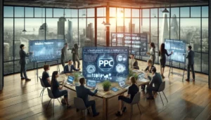 A modern office scene depicting a team of digital marketers from PPC marketing agencies in London, gathered around a digital table displaying PPC campaign data. The office offers a view of the London skyline, symbolizing strategic and technological prowess in PPC management.