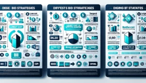 An infographic detailing PPC Ad Spend strategies including Lowest Cost, Target Cost, and Bid Cap. Features symbols for budget optimization and campaign efficiency in a professional blue and green color scheme.